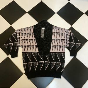 Vintage 80s 90s FaBE Shawl V-Neck Sweater Mauveish Grey Black Geo Pattern sz L